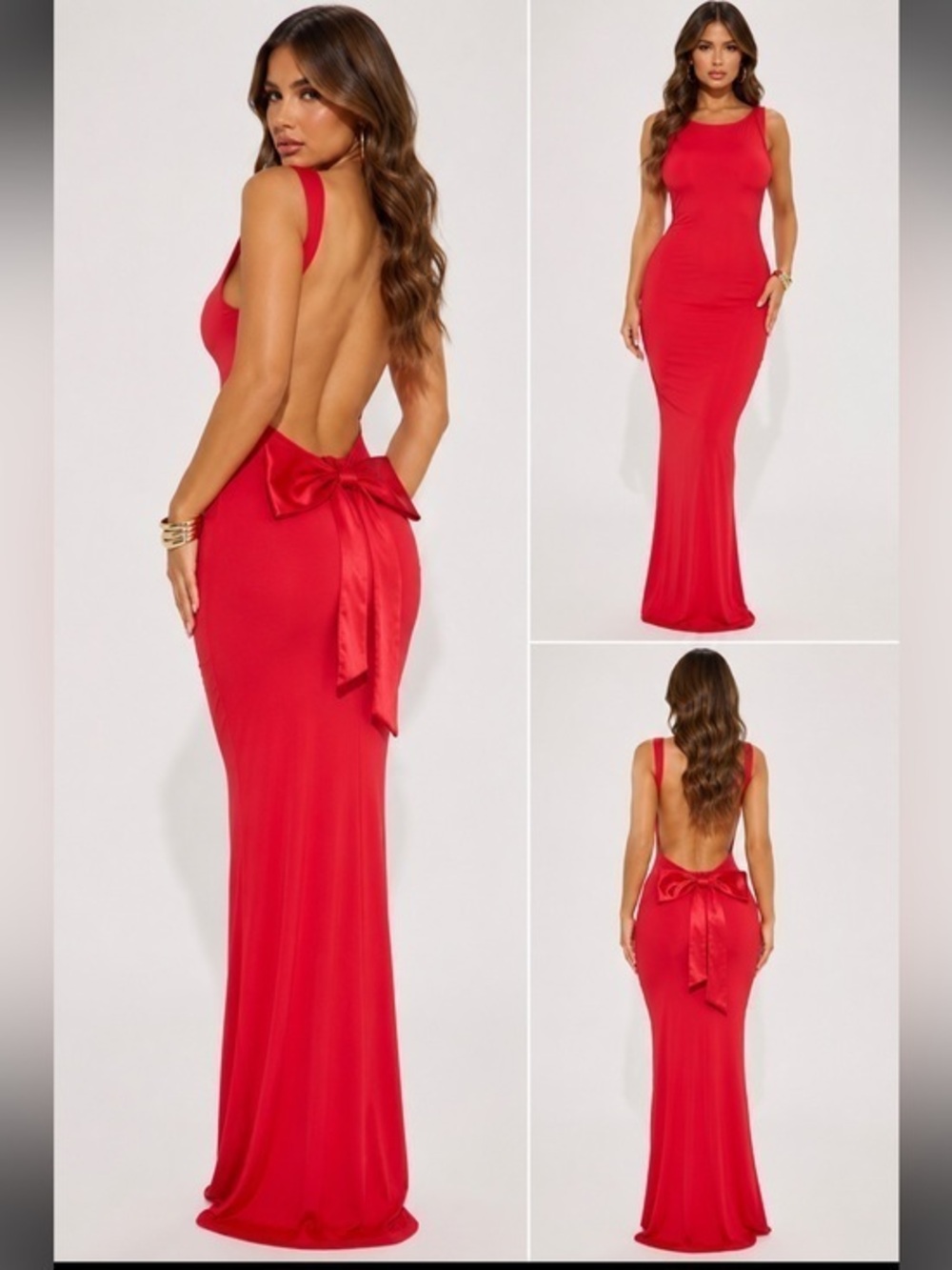 Elegant Backless Bow Maxi Dress Red Open Back Bodycon Gown Size M